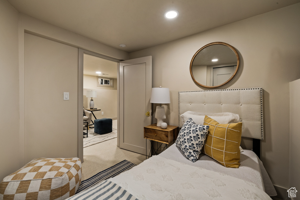 Bedroom featuring recessed lighting and carpet flooring