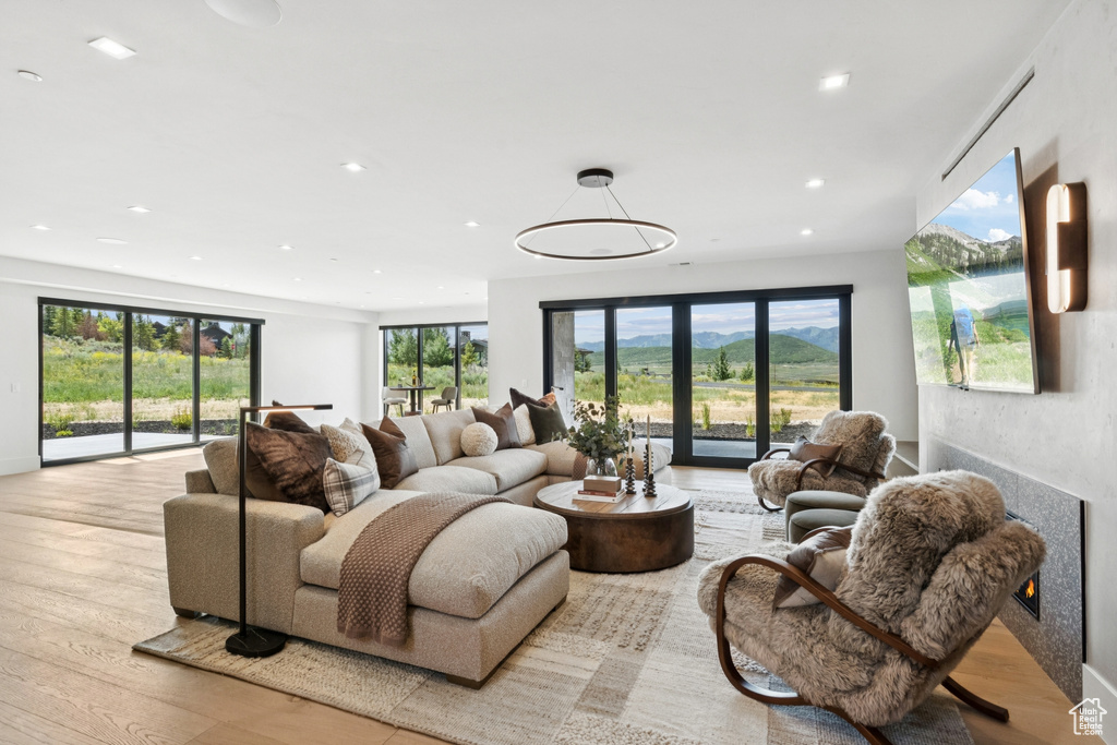 Living room with recessed lighting and wood finished floors