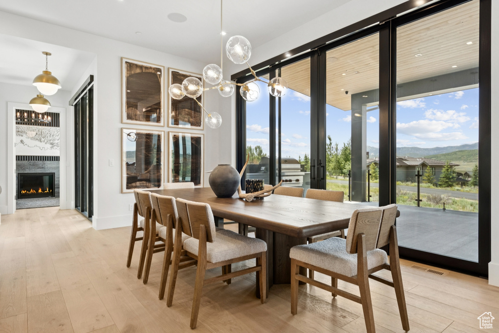 Dining space with light wood finished floors, a glass covered fireplace, french doors, and a mountain view