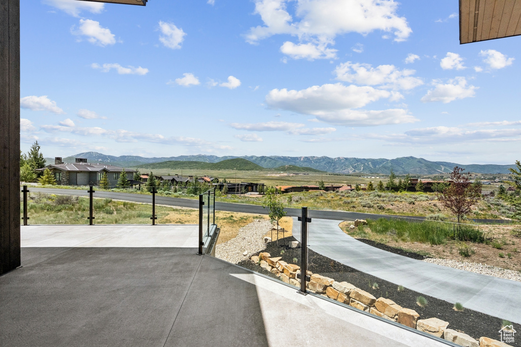 View of patio featuring a mountain view