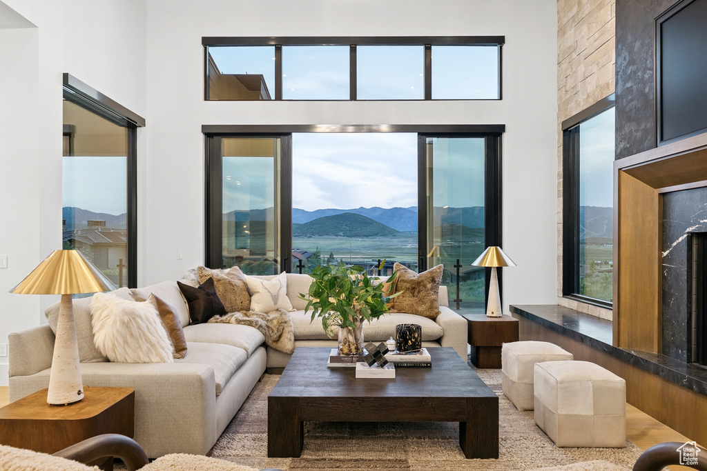 Living area featuring a mountain view, plenty of natural light, and a high ceiling