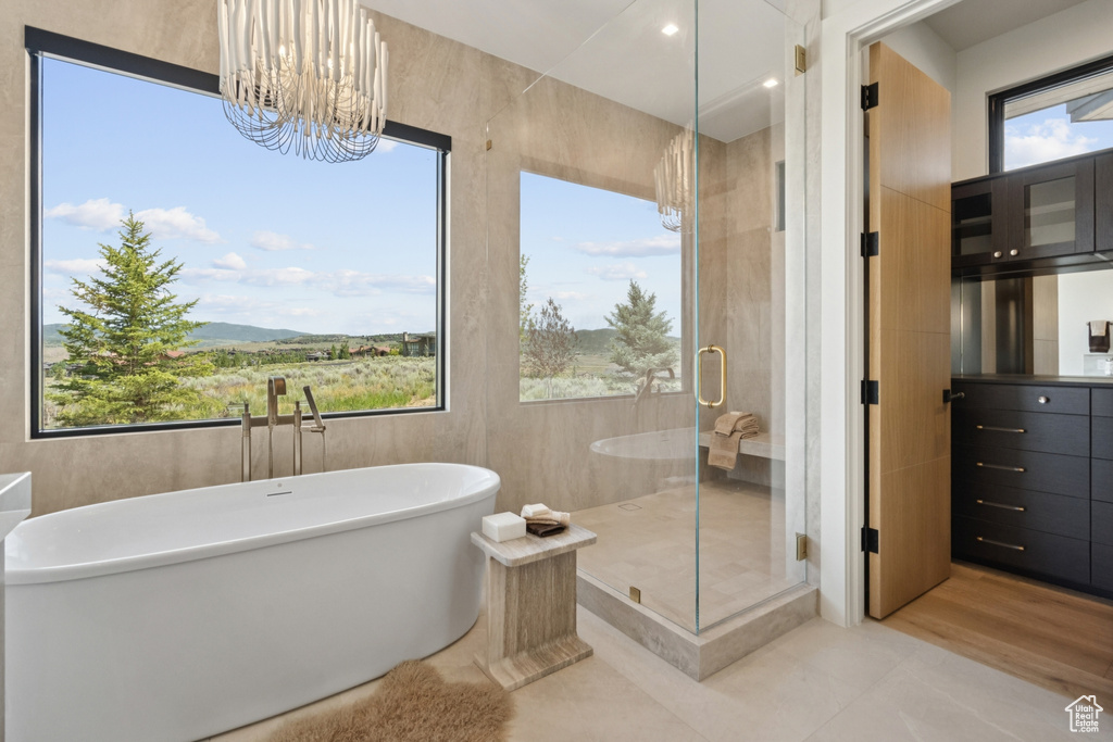 Bathroom with a shower stall, a freestanding tub, a chandelier, tile patterned flooring, and vanity