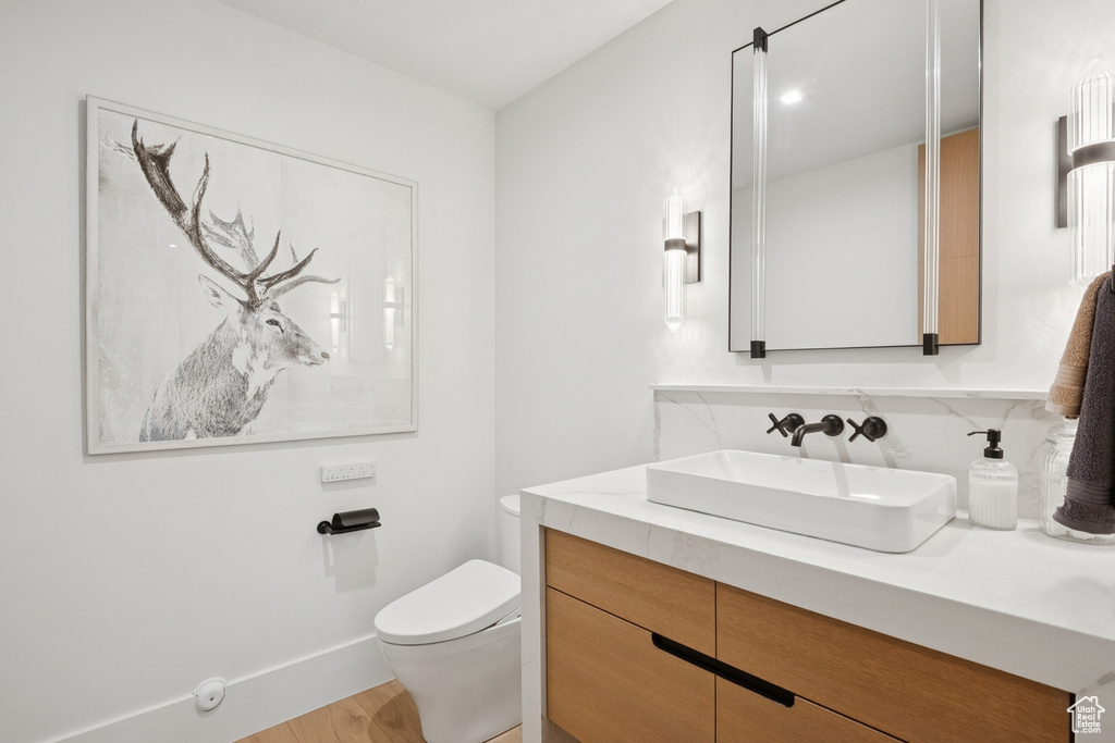 Bathroom featuring vanity, backsplash, and wood finished floors