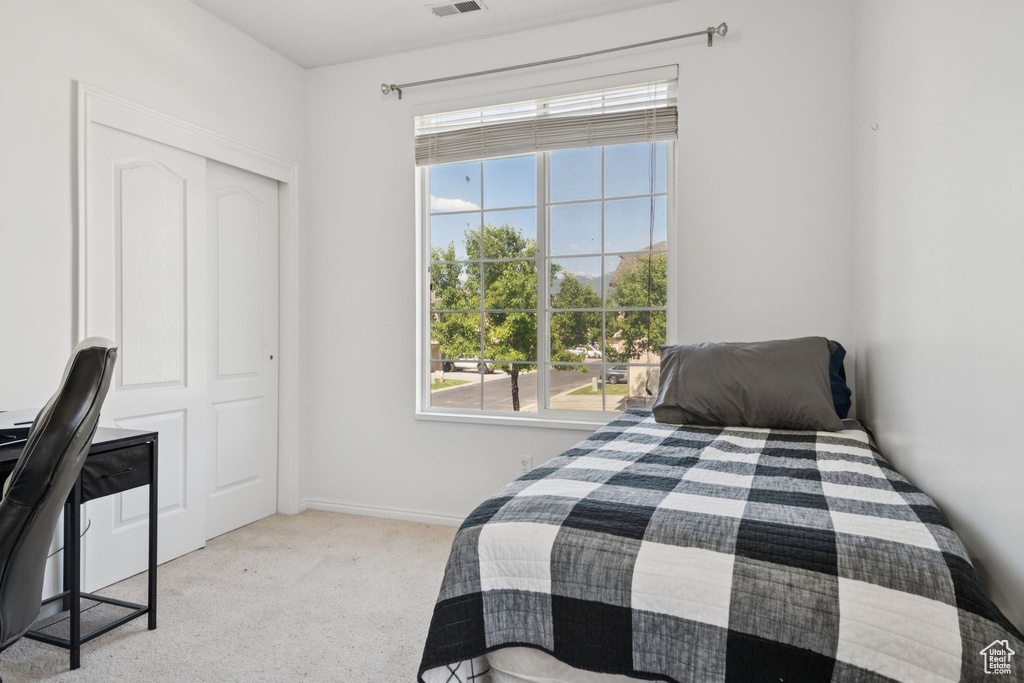 Bedroom featuring multiple windows, light carpet, and a desk