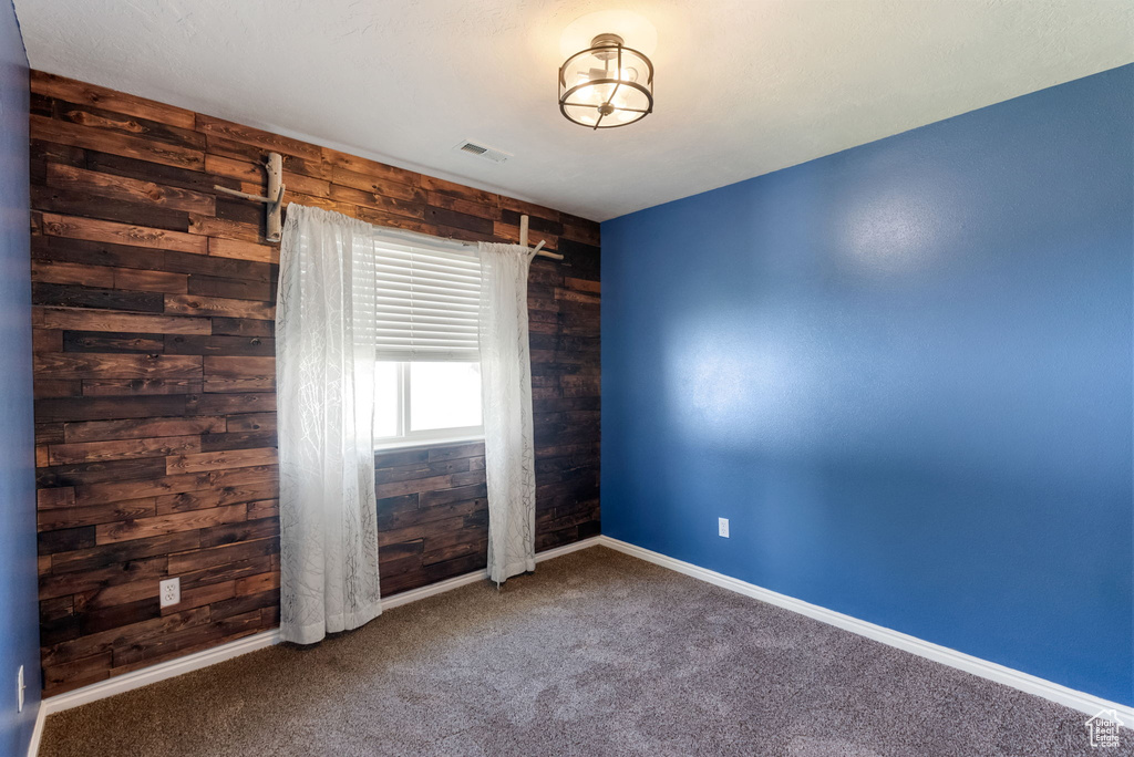 Spare room featuring wood walls and carpet flooring