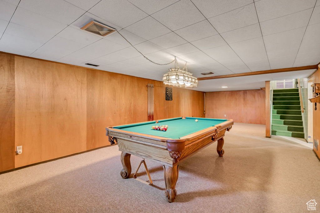 Game room with billiards, carpet floors, and wooden walls