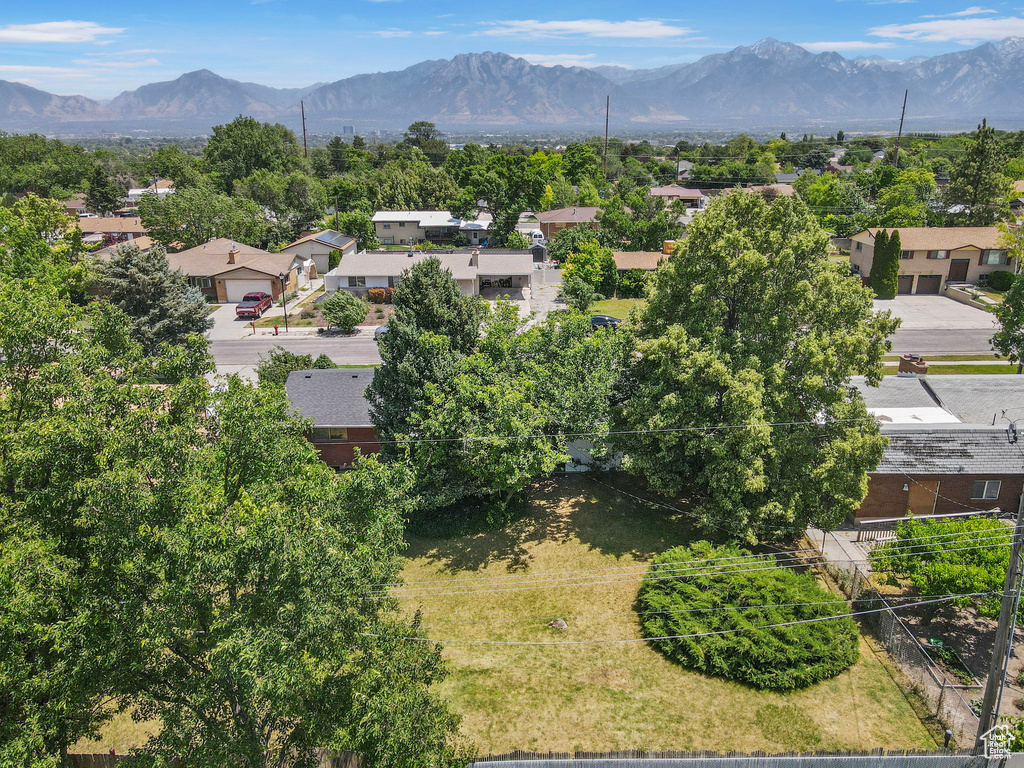 Aerial view of residential area with mountains