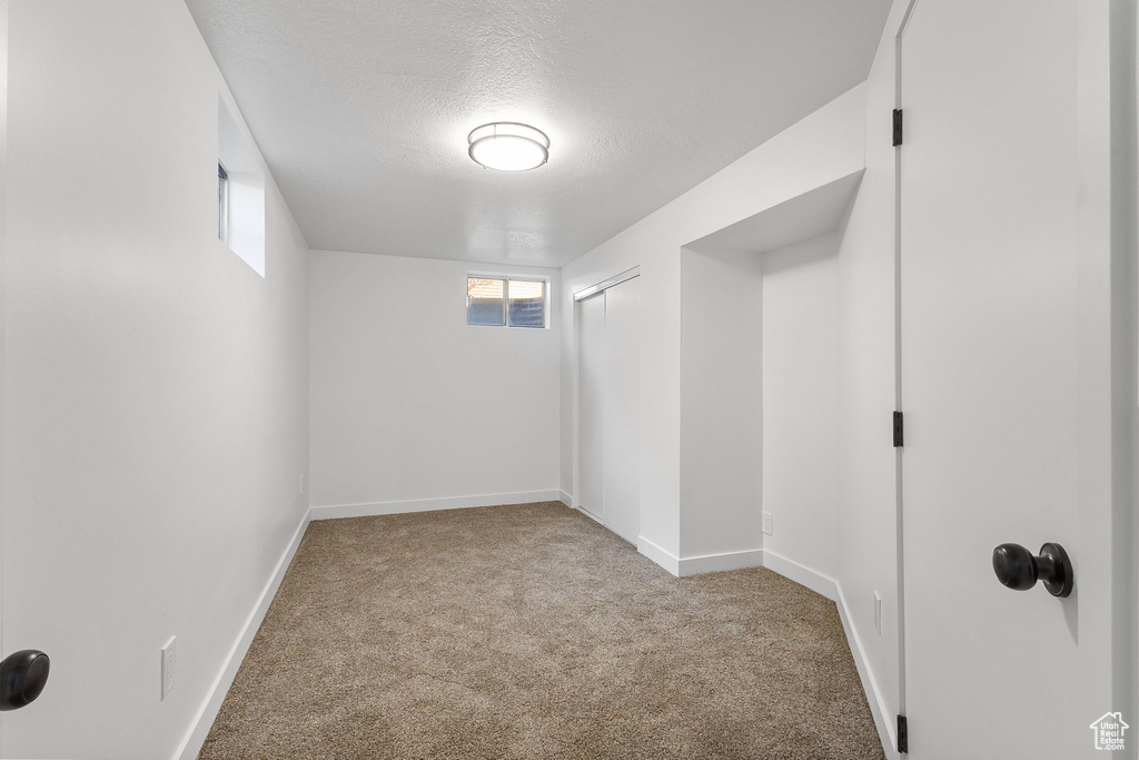 Below grade area with carpet flooring and a textured ceiling