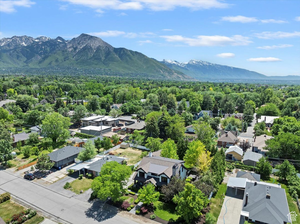 Aerial view of residential area with mountains