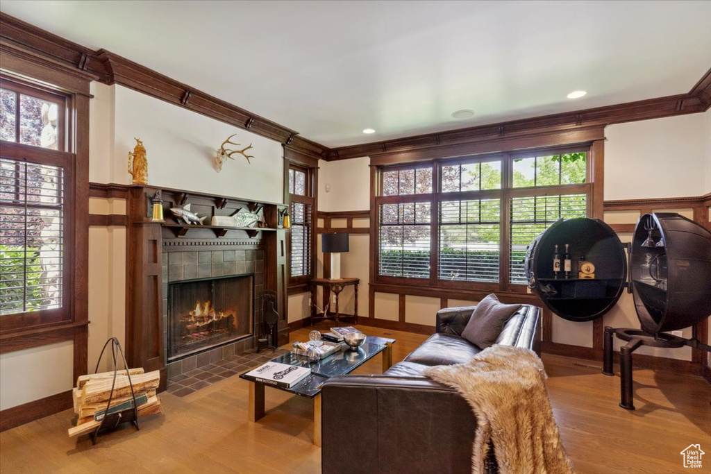 Living area featuring a fireplace, ornamental molding, healthy amount of natural light, and wood finished floors