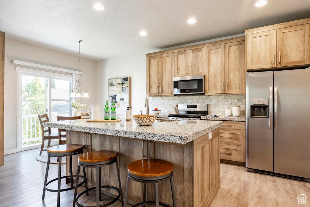 Kitchen with stainless steel appliances, light wood-type flooring, plenty of natural light, and recessed lighting