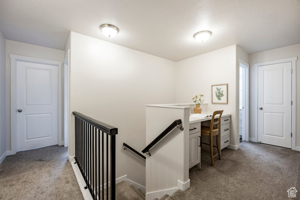 Hallway with an upstairs landing, carpet, and a textured ceiling