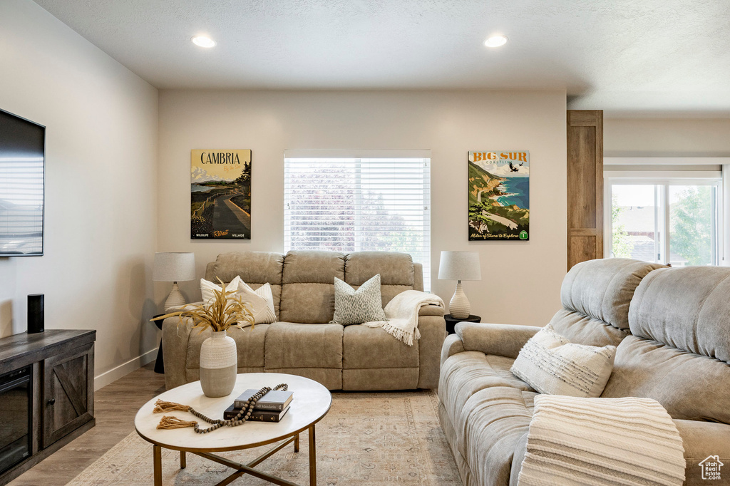 Living room featuring light wood finished floors and recessed lighting