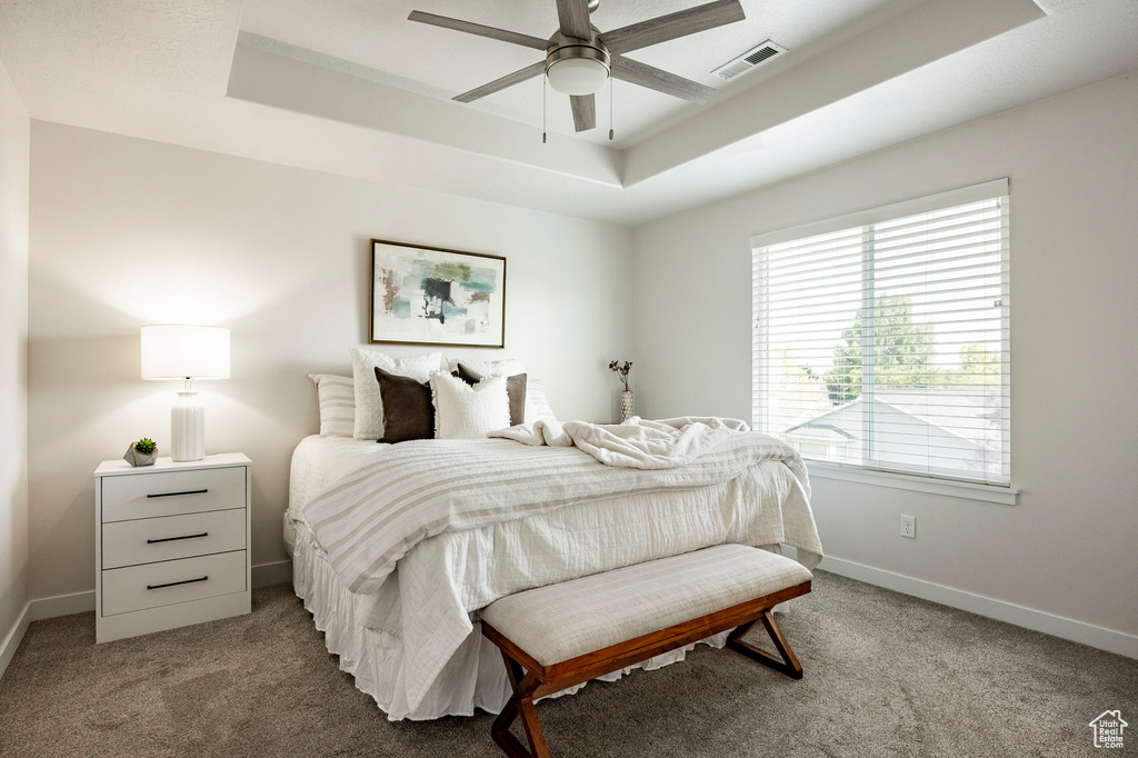 Bedroom featuring a tray ceiling, carpet flooring, and a ceiling fan