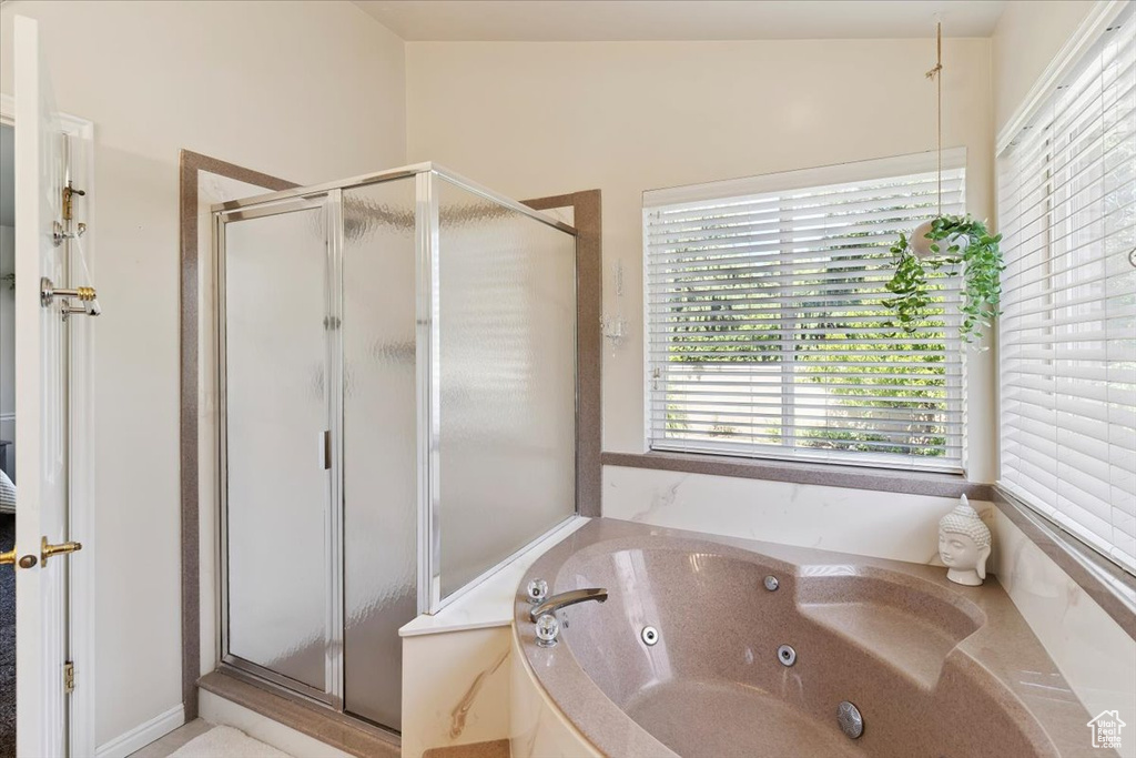 Full bath with a shower stall, plenty of natural light, and a tub with jets