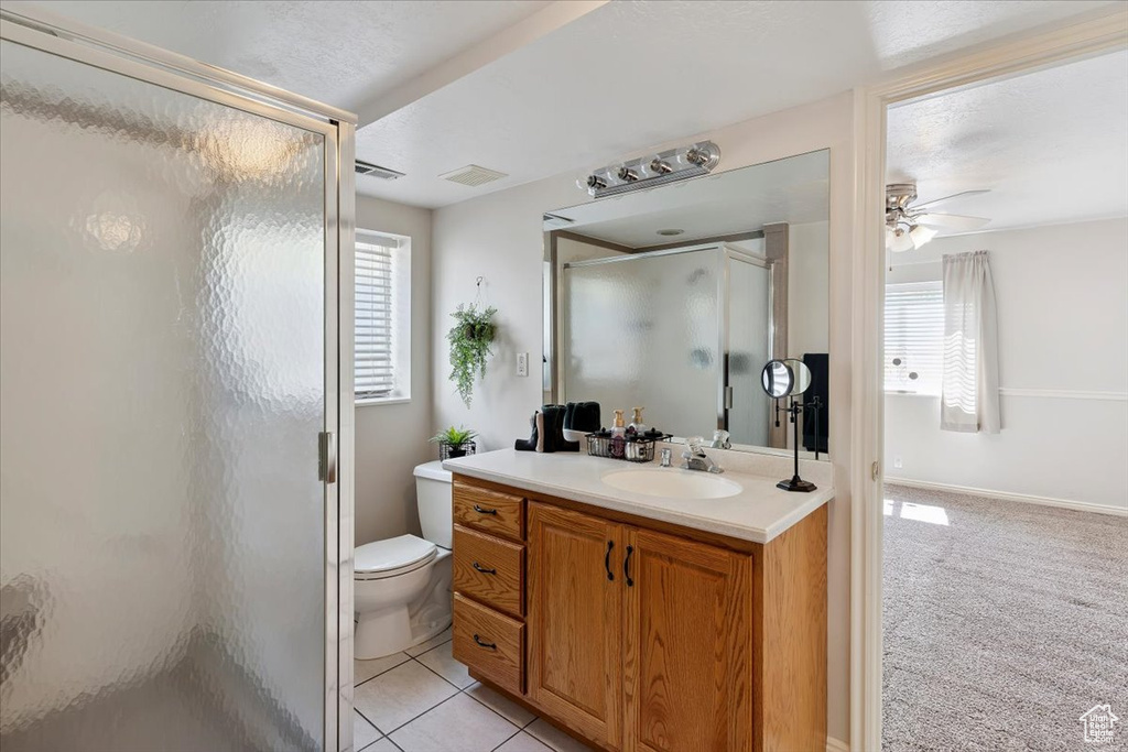 Full bathroom featuring a shower stall, vanity, plenty of natural light, and ceiling fan