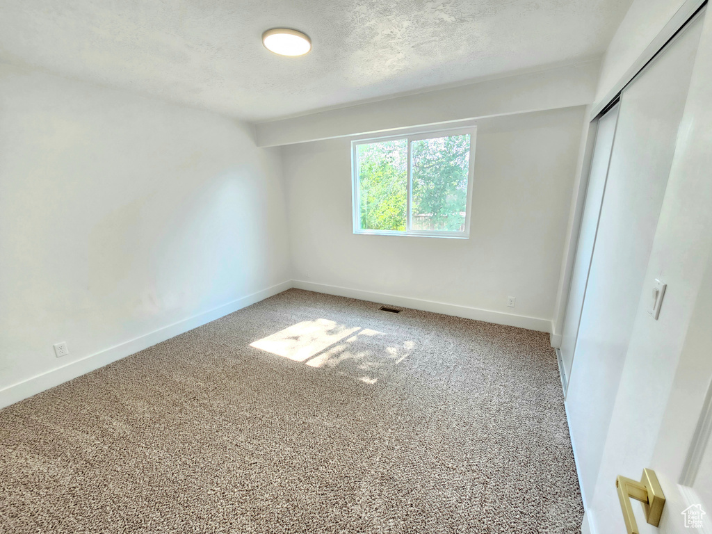 Unfurnished bedroom featuring light carpet, a closet, and a textured ceiling