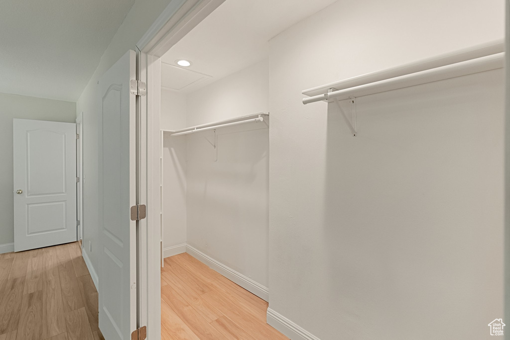 Walk in closet with light wood-style flooring