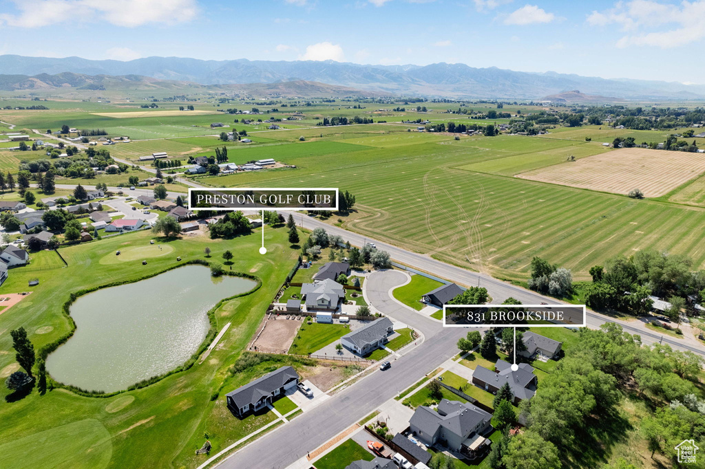 Aerial view of a water and mountain view