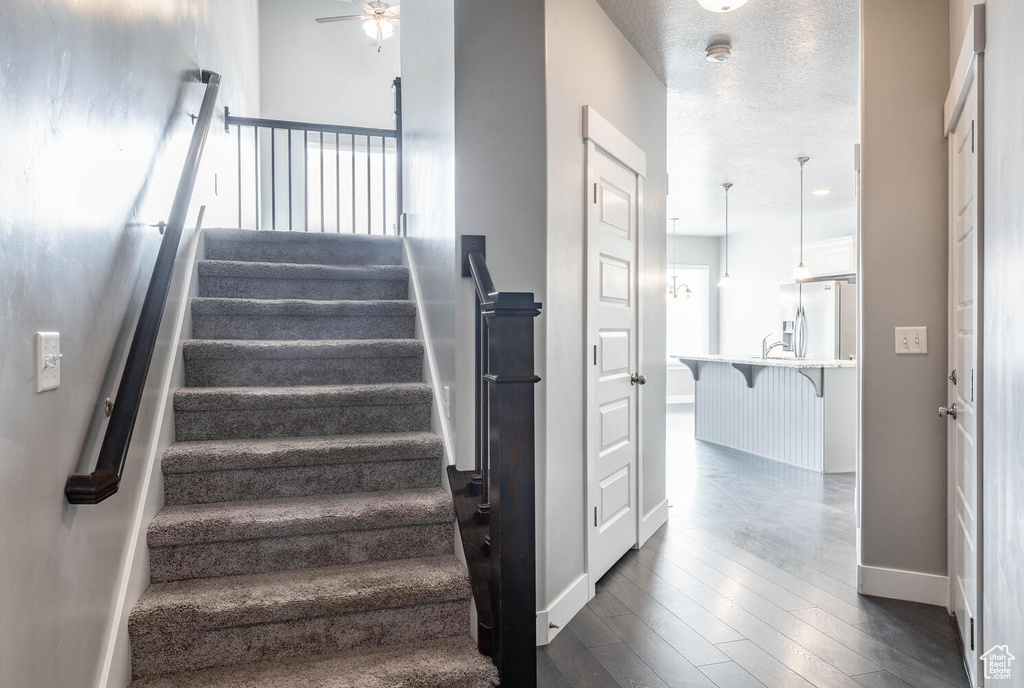 Stairway with hardwood / wood-style floors and ceiling fan