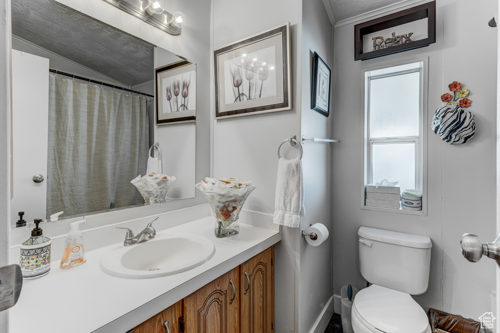 Bathroom with vanity and lofted ceiling