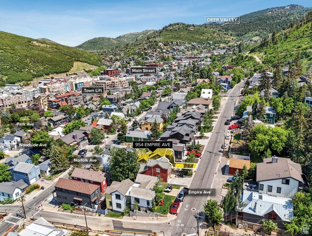 Aerial perspective of suburban area featuring a mountain backdrop