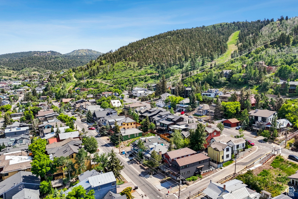 Aerial view of residential area featuring a forest and a mountainous background