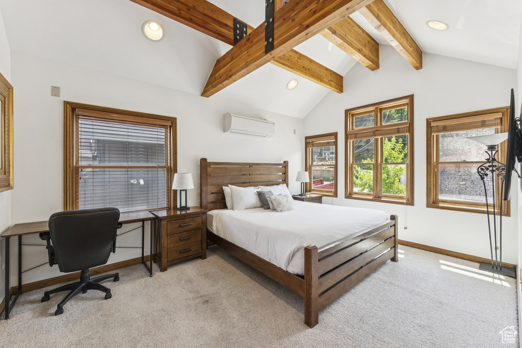 Bedroom with a wall mounted AC, light carpet, recessed lighting, and an office area