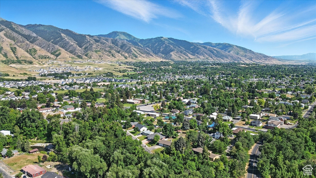 Aerial overview of property's location featuring mountains