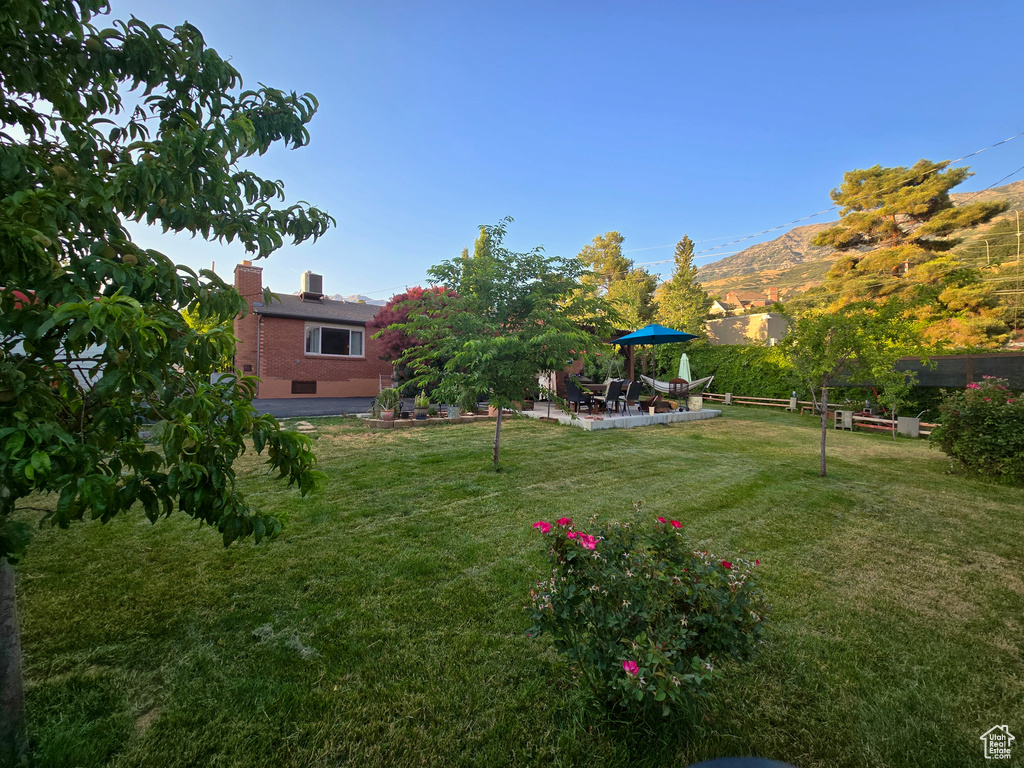 View of green lawn with a patio and a mountain view