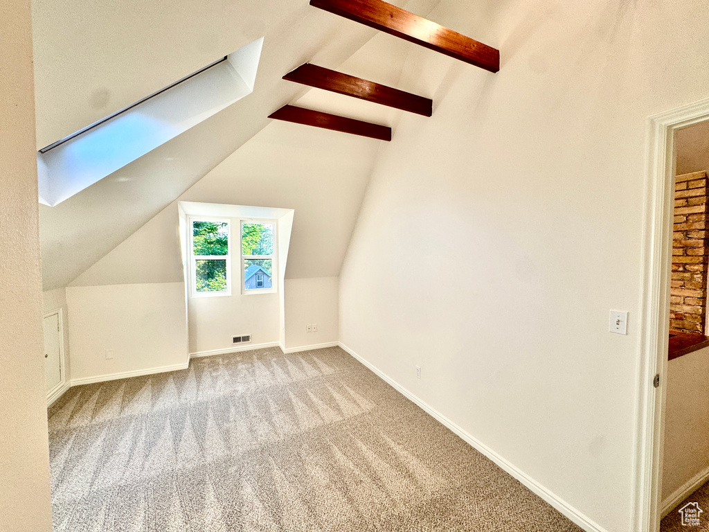 Additional living space with carpet flooring and a skylight