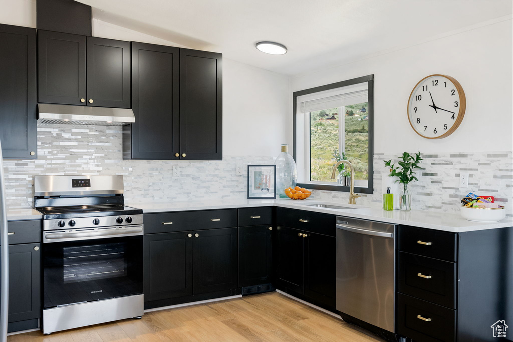 Kitchen featuring appliances with stainless steel finishes, under cabinet range hood, dark cabinetry, light countertops, and light wood-style flooring