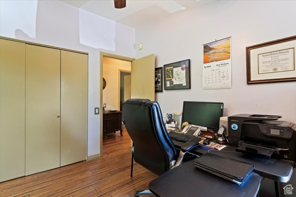 Office area featuring wood finished floors