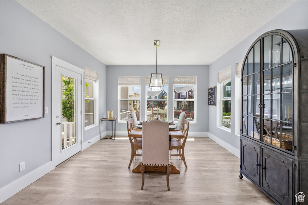 Dining room featuring light wood-style floors and a textured ceiling