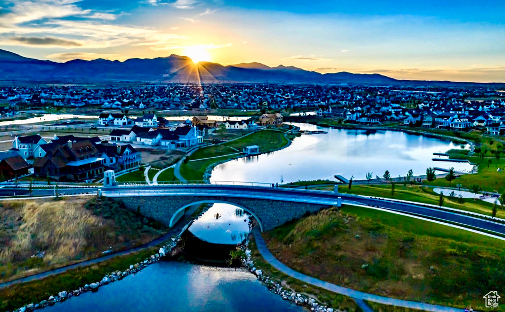Aerial view of residential area with a water and mountain view