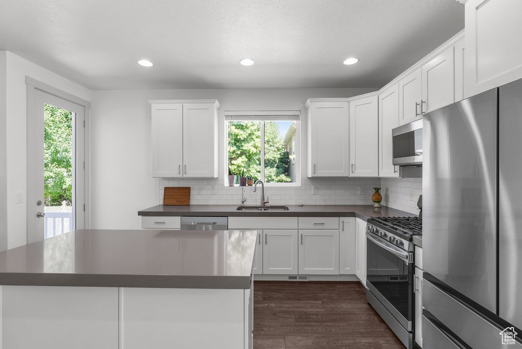 Kitchen featuring stainless steel appliances, dark countertops, plenty of natural light, and recessed lighting