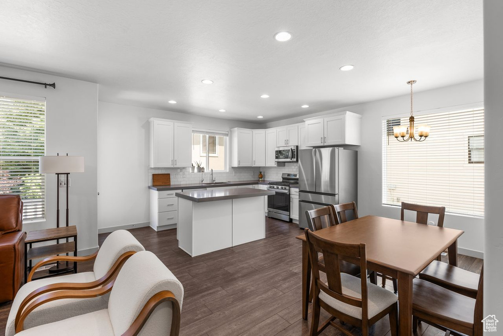 Kitchen with appliances with stainless steel finishes, a kitchen island, healthy amount of natural light, dark wood-style flooring, and recessed lighting