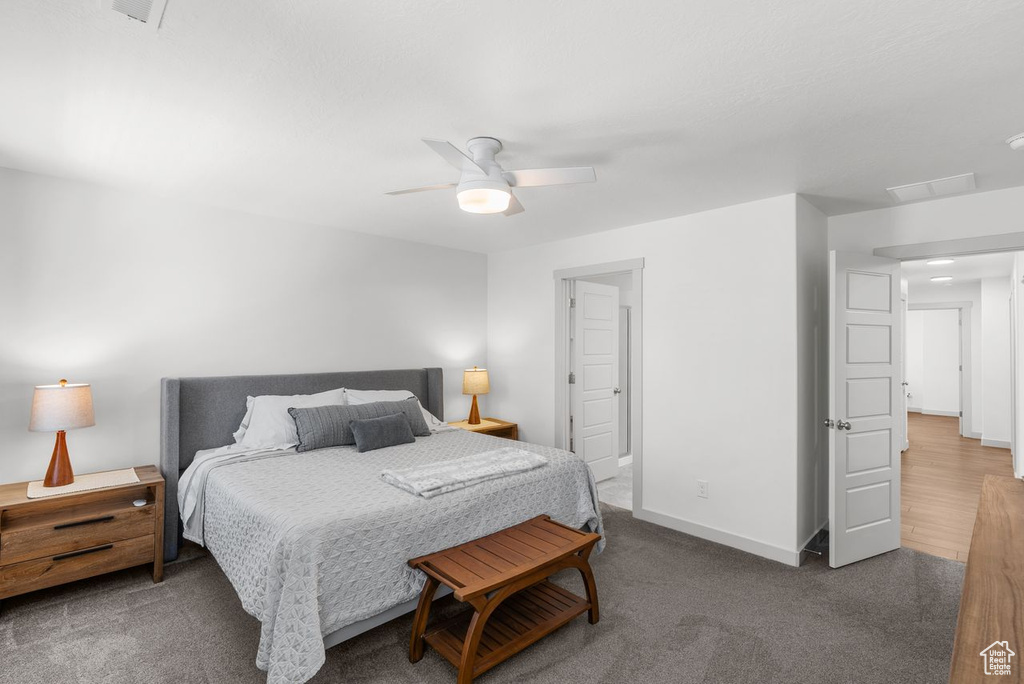 Bedroom with carpet floors and ceiling fan
