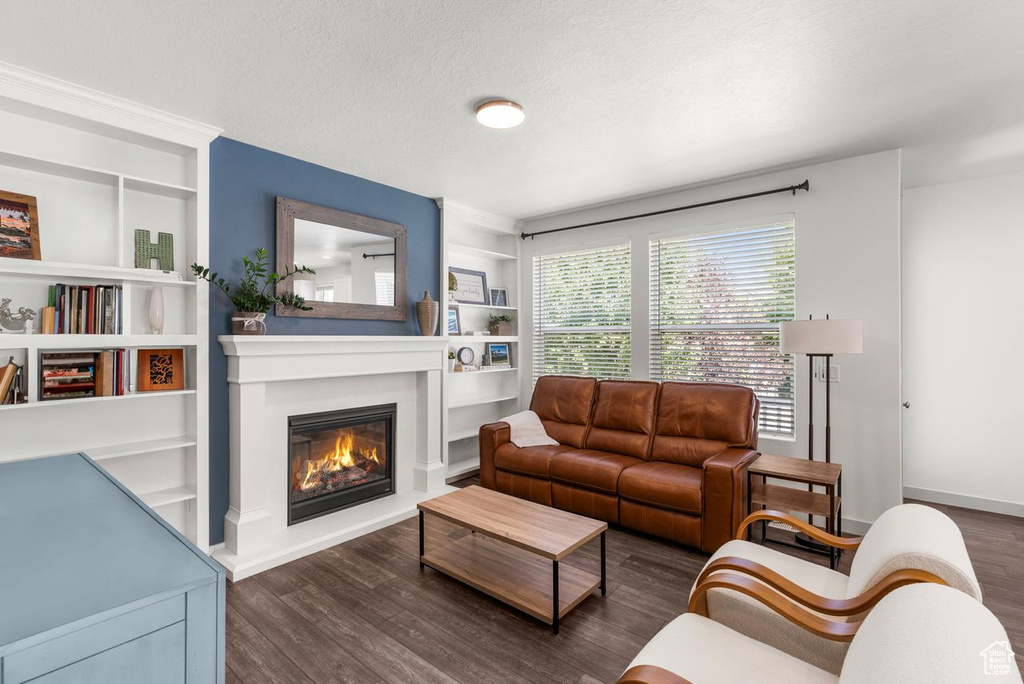 Living room featuring wood finished floors, a glass covered fireplace, and built in features