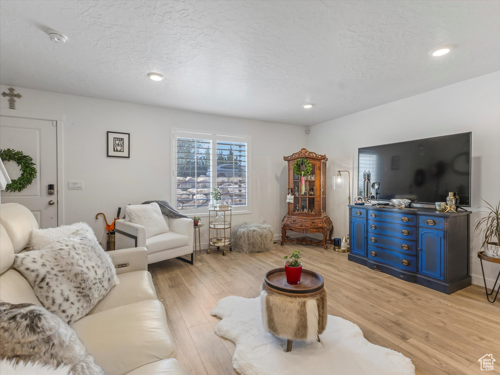 Living room with light wood-type flooring, a textured ceiling, and recessed lighting