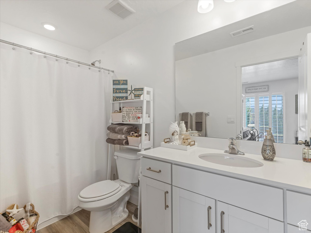 Bathroom featuring vanity, wood finished floors, and a shower with shower curtain