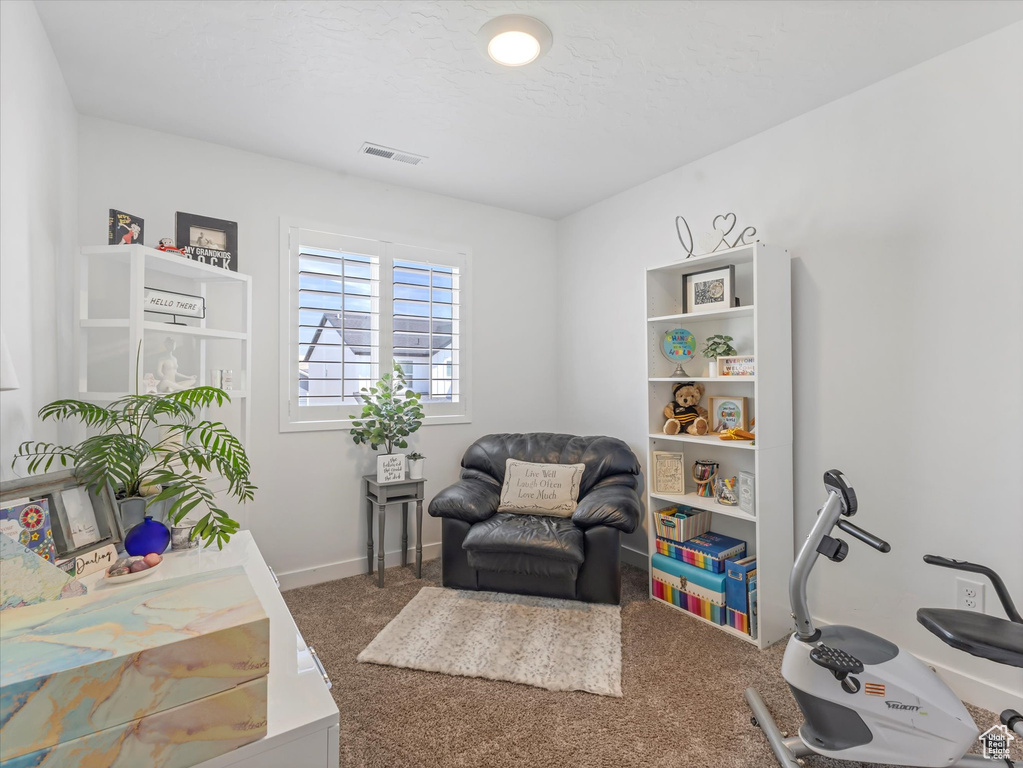 Living area with carpet flooring and baseboards