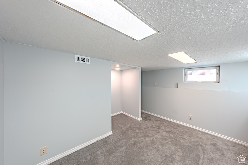 Basement with a textured ceiling and carpet flooring