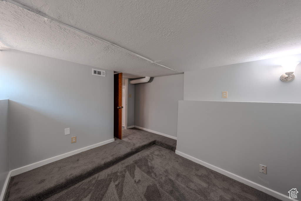 Finished basement with carpet and a textured ceiling