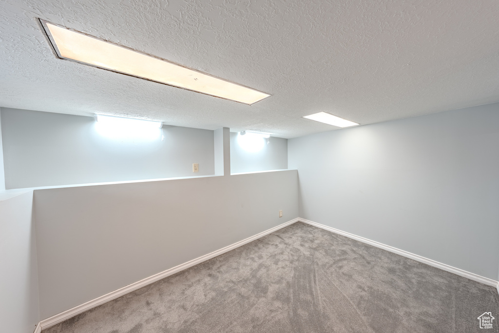 Finished below grade area with a textured ceiling and carpet flooring