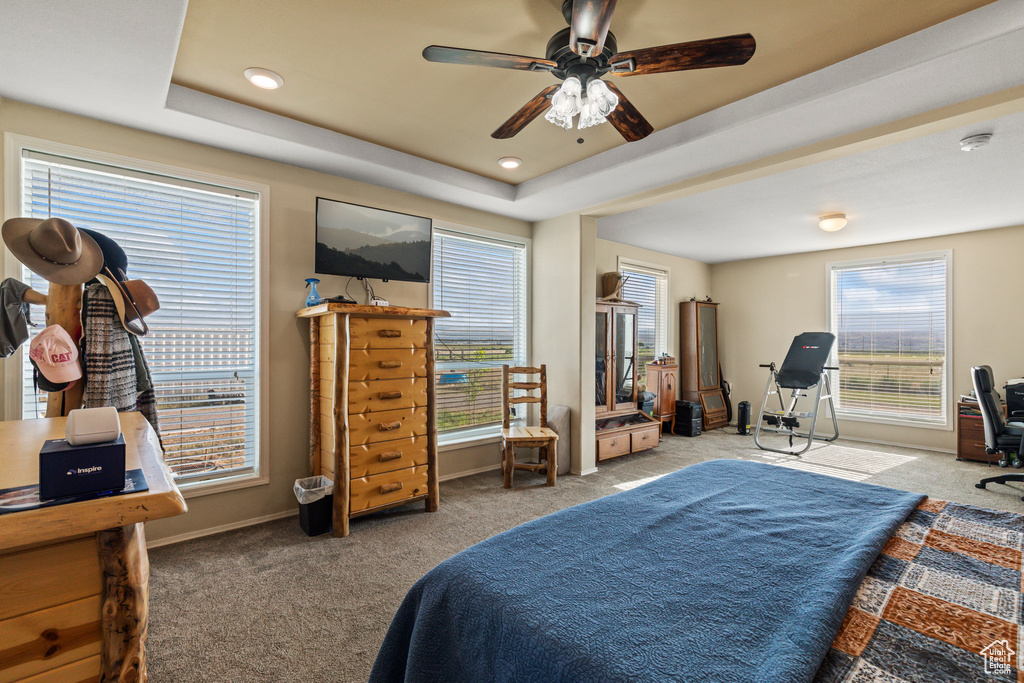 Bedroom featuring carpet flooring, an office area, a tray ceiling, a ceiling fan, and recessed lighting