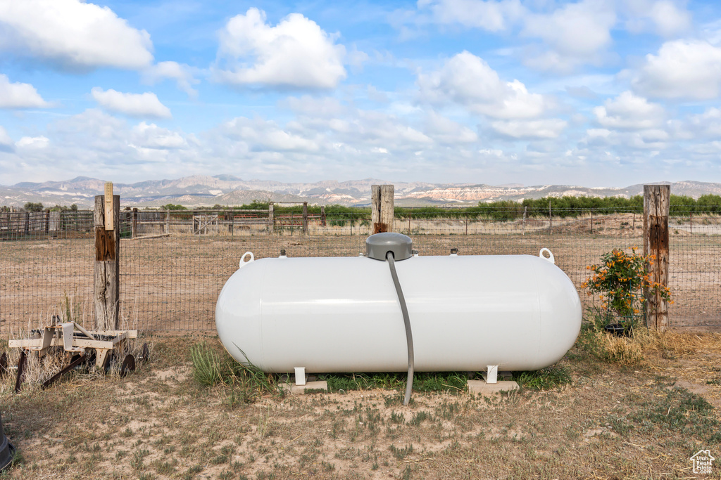 Exterior view of propane tank and mountains