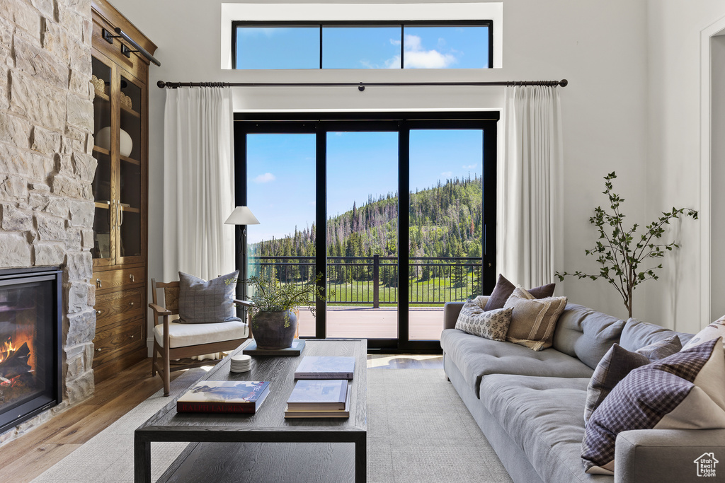 Living area with a stone fireplace, wood finished floors, healthy amount of natural light, a mountain view, and a towering ceiling