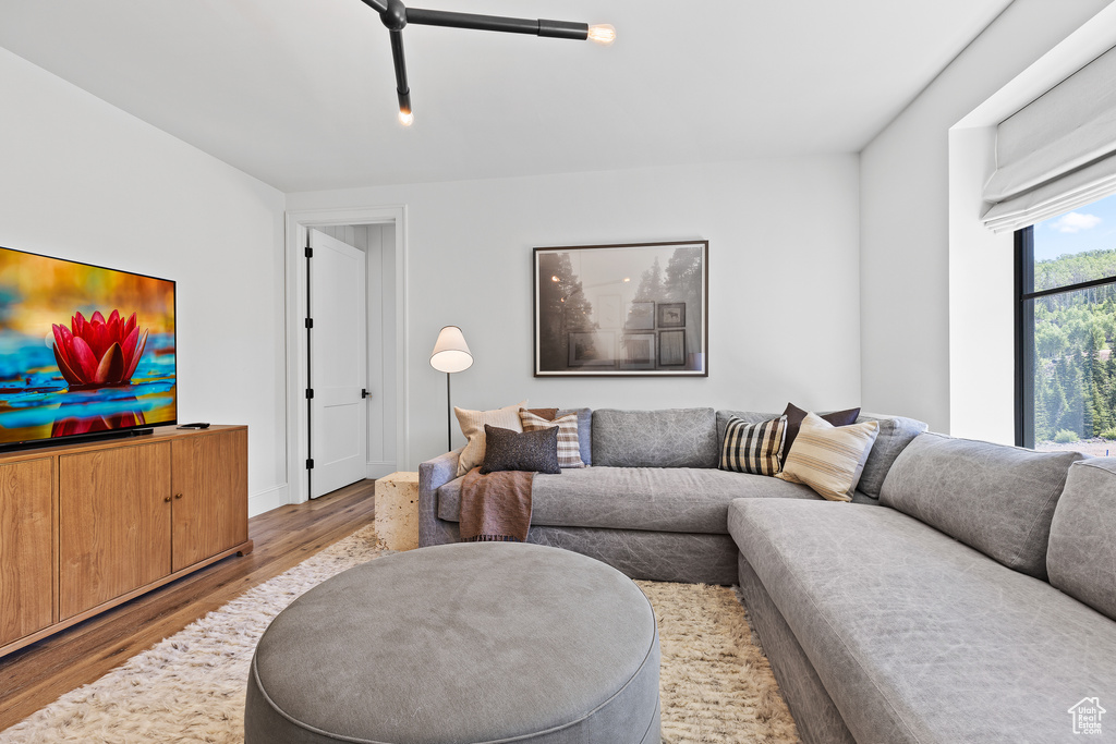 Living area with wood finished floors