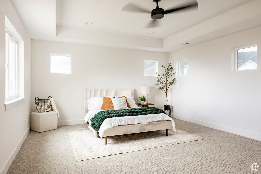 Carpeted bedroom featuring a tray ceiling and ceiling fan